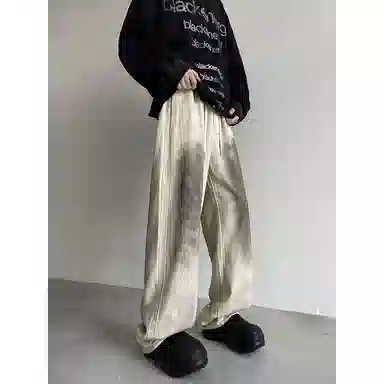 洞洞拐 韩版时髦高街不规则做旧脏脏水洗牛仔高级感阔腿裤休闲裤 男女同款