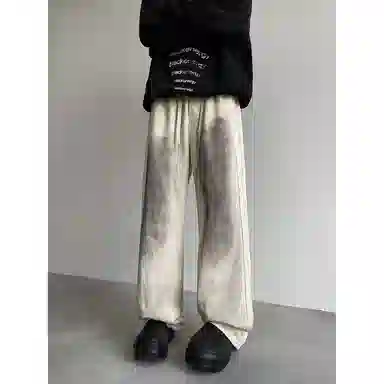 洞洞拐 韩版时髦高街不规则做旧脏脏水洗牛仔高级感阔腿裤休闲裤 男女同款