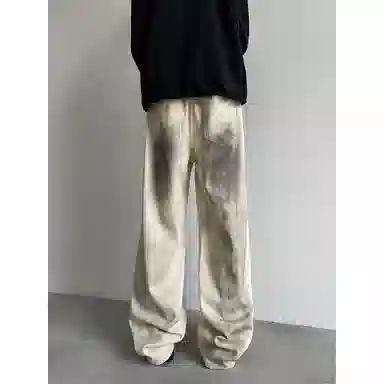 洞洞拐 韩版时髦高街不规则做旧脏脏水洗牛仔高级感阔腿裤休闲裤 男女同款