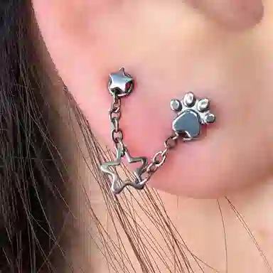 清脆小溪 神秘爪印 独特个性可爱猫爪镂空五角星链条双耳洞甜酷创意潮流精致简约高级感日常百搭 合金 耳钉 女款