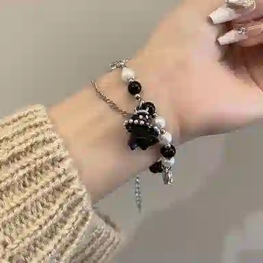 清脆小溪 黑色小幽灵新中式配饰暗黑系小众冷淡风高级感甜酷辣妹嘻哈简约设计可爱卡通气质日常百搭 合金 手链 男女同款情侣款