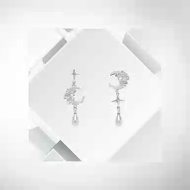 清脆小溪 不对称缠绕闪星月亮时尚小众精致高级感设计轻奢气质个性潮流百搭 锆石 耳环 女款