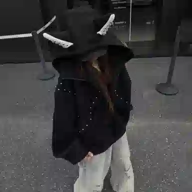 悍戈 美式甜酷复古潮流拼接铆钉杜宾犬耳朵连帽休闲开衫卫衣 男女同款