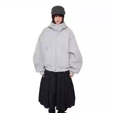 悍戈 美式甜酷复古潮流拼接铆钉杜宾犬耳朵连帽休闲开衫卫衣 男女同款