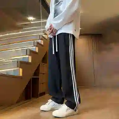 虫小绿 美式高街风三条杠中腰系带宽松阔腿垂感透气百搭通勤运动长裤休闲裤 男女同款