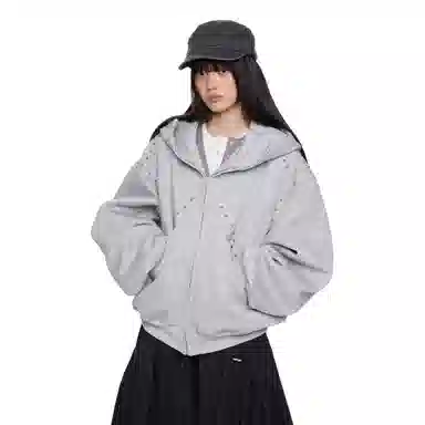 悍戈 美式甜酷复古潮流拼接铆钉杜宾犬耳朵连帽休闲开衫卫衣 男女同款