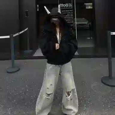 悍戈 美式甜酷复古潮流拼接铆钉杜宾犬耳朵连帽休闲开衫卫衣 男女同款
