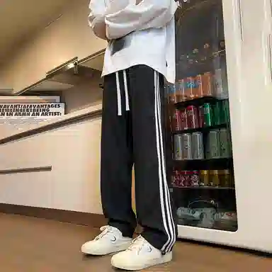 虫小绿 美式高街风三条杠中腰系带宽松阔腿垂感透气百搭通勤运动长裤休闲裤 男女同款