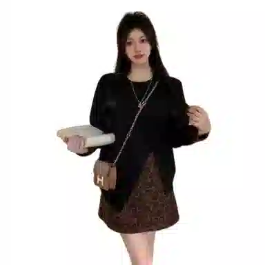 望莱仕 大码女时尚不规则豹纹拼接上衣半身裙裙装套装 女款