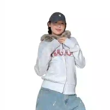 望莱仕 美式字母毛领开衫复古连帽短款印花秋冬秋季宽松休闲外套卫衣 女款