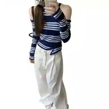 望莱仕 条纹适中合身长袖针织衫 女款