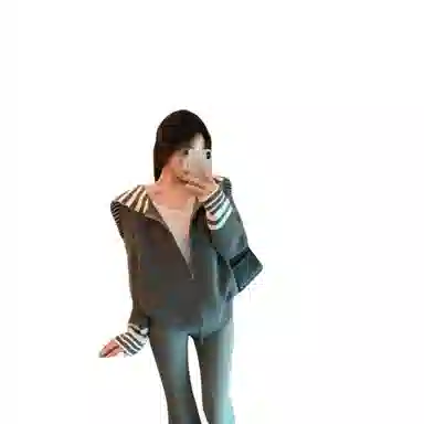 望莱仕 撞色条纹海军领长袖外套女冬季复古慵懒开衫宽松拉链上衣针织衫 女款