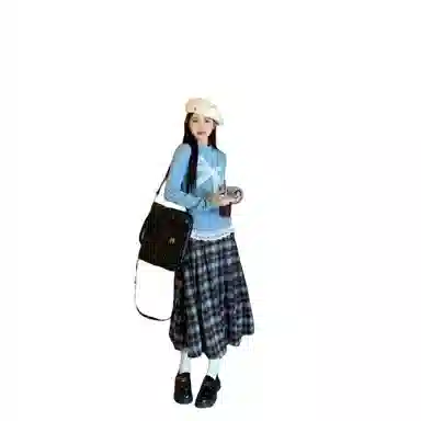 望莱仕 甜美风女减龄蕾丝蝴蝶结针织衫上衣春秋格子半身裙两件套裙装套装 女款