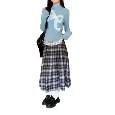望莱仕 甜美风女减龄蕾丝蝴蝶结针织衫上衣春秋格子半身裙两件套裙装套装 女款
