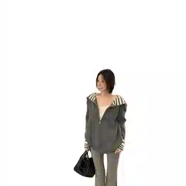 望莱仕 撞色条纹海军领长袖外套女冬季复古慵懒开衫宽松拉链上衣针织衫 女款