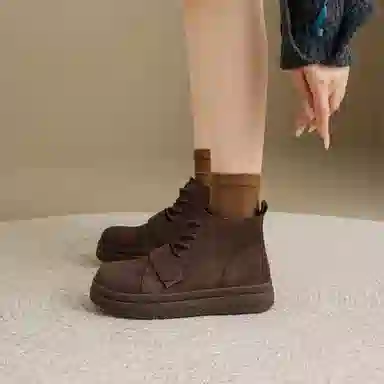 华耐 秋冬季美拉德靴子百搭复古平底短靴 厚底马丁靴 女