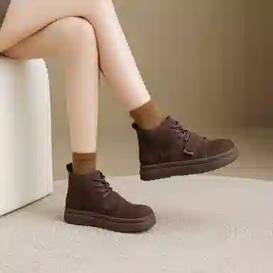 华耐 秋冬季美拉德靴子百搭复古平底短靴 厚底马丁靴 女