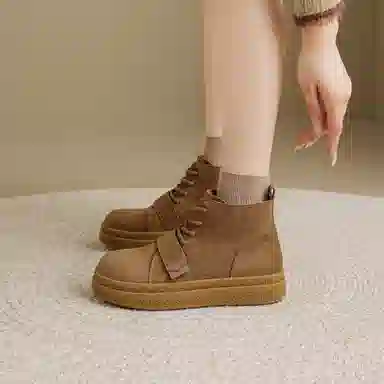 华耐 秋冬季美拉德靴子百搭复古平底短靴 厚底马丁靴 女