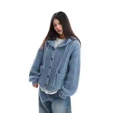 美式复古慵懒风秋冬宽松针织连帽开衫外套毛衣 男女同款