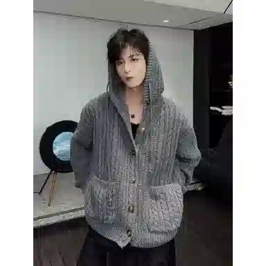 美式复古慵懒风秋冬宽松针织连帽开衫外套毛衣 男女同款