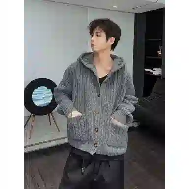 美式复古慵懒风秋冬宽松针织连帽开衫外套毛衣 男女同款