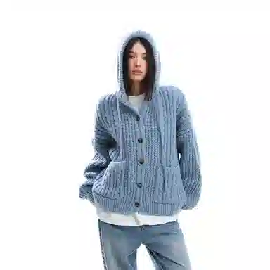 美式复古慵懒风秋冬宽松针织连帽开衫外套毛衣 男女同款