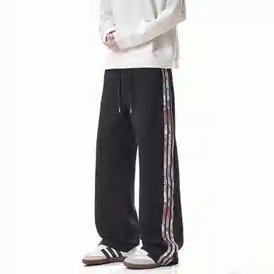 引创 迷彩条纹卫裤男款潮牌直筒大码宽松美式重磅阔腿运动裤子休闲裤 男女同款