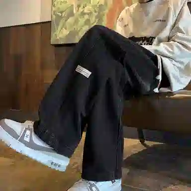 引创 百搭大码牛崽裤男士秋季美式拼接贴直筒裤休闲宽松阔腿裤牛仔裤 男女同款