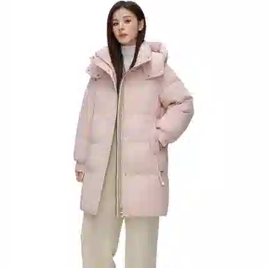 鸭鸭 纯色基础款中长款时尚百搭连帽保暖休闲宽松外套羽绒服 女款