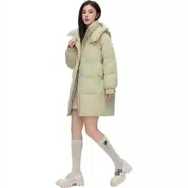 鸭鸭 纯色基础款中长款时尚百搭连帽保暖休闲宽松外套羽绒服 女款