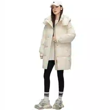 鸭鸭 纯色基础款中长款时尚百搭连帽保暖休闲宽松外套羽绒服 女款