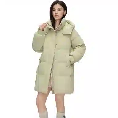 鸭鸭 纯色基础款中长款时尚百搭连帽保暖休闲宽松外套羽绒服 女款