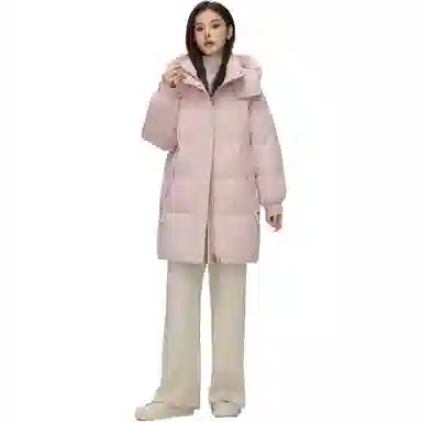 鸭鸭 纯色基础款中长款时尚百搭连帽保暖休闲宽松外套羽绒服 女款