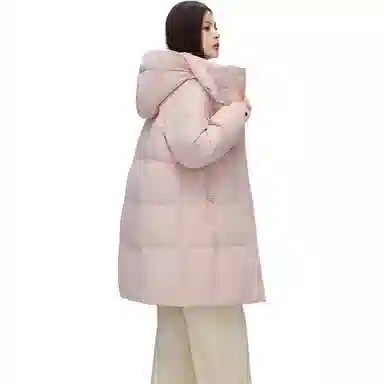 鸭鸭 纯色基础款中长款时尚百搭连帽保暖休闲宽松外套羽绒服 女款