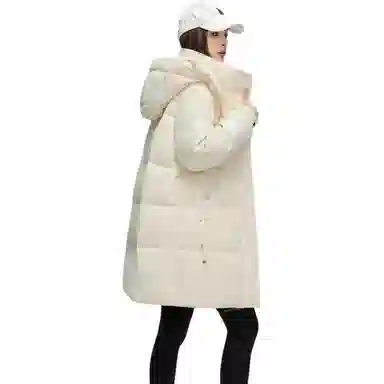 鸭鸭 纯色基础款中长款时尚百搭连帽保暖休闲宽松外套羽绒服 女款