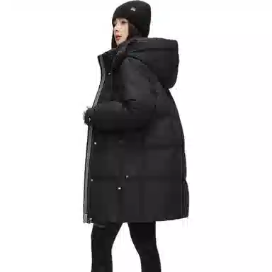 鸭鸭 纯色基础款中长款时尚百搭连帽保暖休闲宽松外套羽绒服 女款