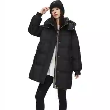 鸭鸭 纯色基础款中长款时尚百搭连帽保暖休闲宽松外套羽绒服 女款