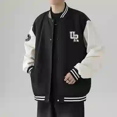 物质公式  美式复古高街拼接撞色学院风设计感字母印花街头嘻哈防风飞行员教练夹克外套舒适宽松百搭休闲情侣潮流短款谷仓棒球服 男女同款