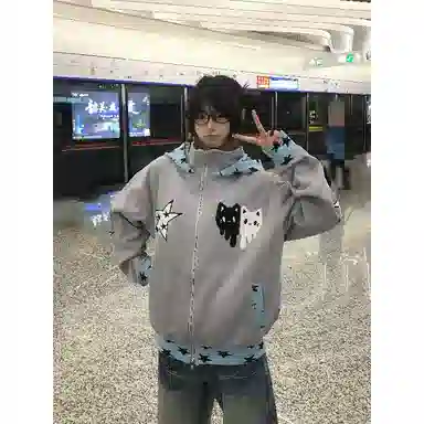 玉儿恋 美式复古星星猫咪刺绣设计感宽松百搭情侣连帽秋冬开衫外套卫衣 男女同款