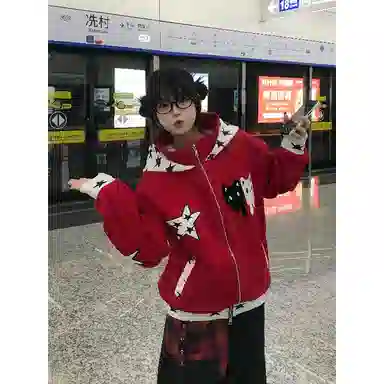玉儿恋 美式复古星星猫咪刺绣设计感宽松百搭情侣连帽秋冬开衫外套卫衣 男女同款
