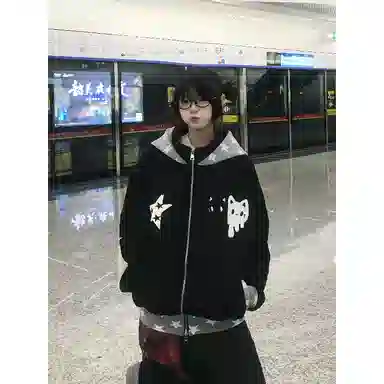 玉儿恋 美式复古星星猫咪刺绣设计感宽松百搭情侣连帽秋冬开衫外套卫衣 男女同款