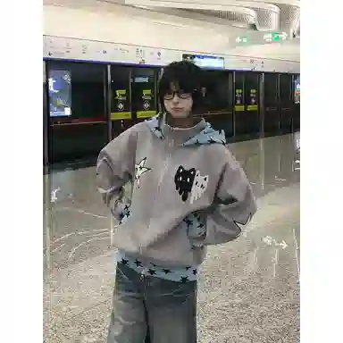 玉儿恋 美式复古星星猫咪刺绣设计感宽松百搭情侣连帽秋冬开衫外套卫衣 男女同款