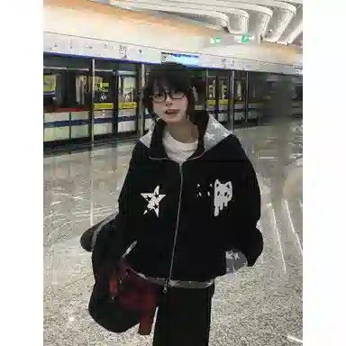 玉儿恋 美式复古星星猫咪刺绣设计感宽松百搭情侣连帽秋冬开衫外套卫衣 男女同款