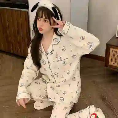 静英鸾 棉质长袖长裤翻领开衫可爱卡通企鹅两件套家居服秋冬季睡衣套装 女款