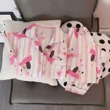 静英鸾 家居女条纹舒适卡通小狗图案长袖翻领可外穿服睡衣套装 女款