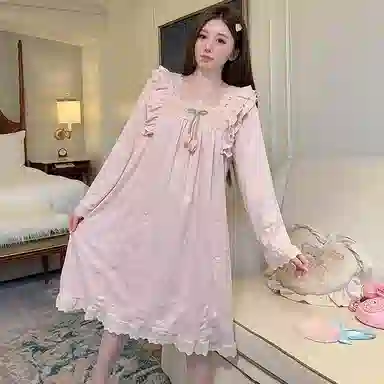 静英鸾 德绒保暖加厚长袖长裙方领套头纯色提花休闲家居服冬季睡裙 女款