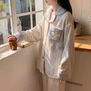 静英鸾 法兰绒保暖加厚加绒卡通鸭子条纹长袖长裤休闲家居服秋冬季睡衣套装 女款