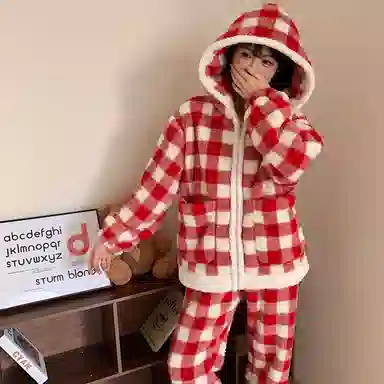 静英鸾 休闲时尚拉链连帽甜美简约红格子法兰绒柔软舒适可外穿家居服睡衣套装 女款