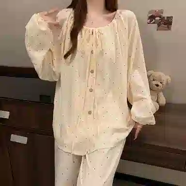 静英鸾 可外穿舒适圆领设计彩色波点长袖三件套家居服睡衣套装 女款