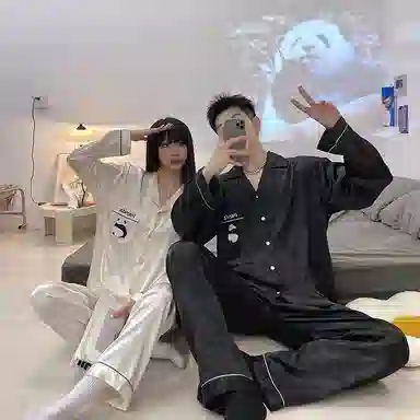 静英鸾 情侣休闲简约设计长袖长裤翻领卡通熊猫图案家居服睡衣套装 男女同款